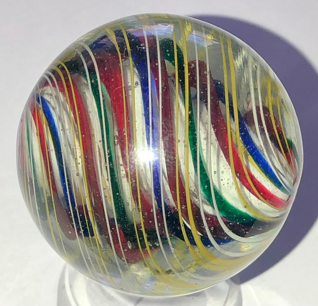 LG 1 11/16" ANTIQUE GERMAN MULTI-STAGE CORE MARBLE: EXCEPTIONAL 1 11/16"+ ANTIQUE GERMAN MULTI-STAGE SOLID CORE MARBLE WITH A SOLID WHITE CORE, SURROUNDED BY BLUE, GREEN & RED 'RIBBON' BANDS, WITH A THIRD STAGE OF DOUBLE YELLOW & WHITE LATTICINIO OUTER