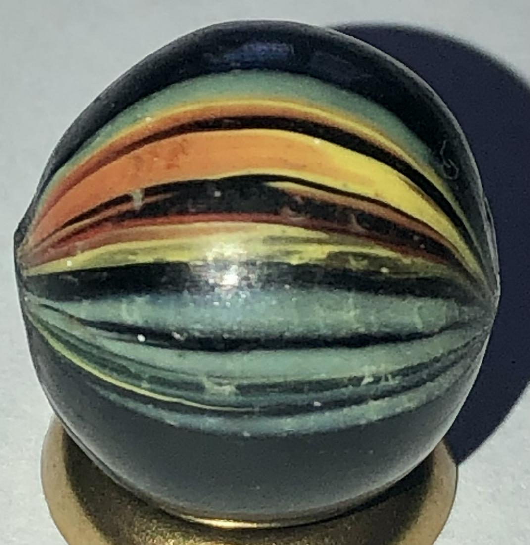 5/8" ANTIQUE GERMAN BANDED INDIAN SWIRL MARBLE: 5/8" ANTIQUE GERMAN BANDED INDIAN SWIRL MARBLE WITH MULTIPLE COLORED SWIRLS INCLUDING BLUE, ORANGE, YELLOW AND WHITE - VERY GOOD CONDITION WITH MINOR SURFACE WEAR