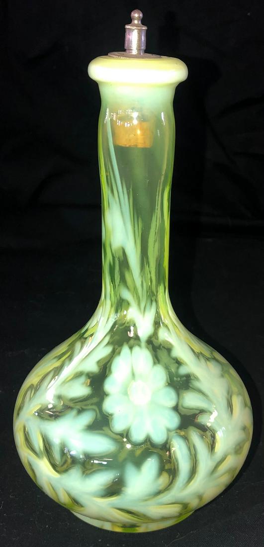 VASELINE OPALESCENT DAISY & FERN BITTER'S / BARBER'S: VASELINE OPALESCENT "DAISY & FERN" BITTER'S / BARBER'S BOTTLE WITH 'SPRINKLER' TOP WITH CAP - 8" HIGH - UNDAMAGED