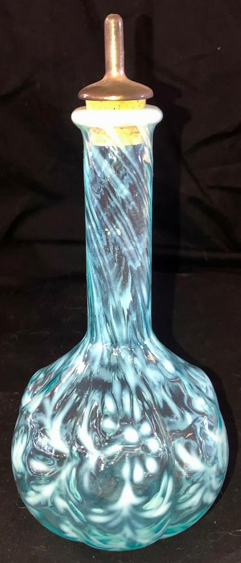 BLUE OPALESCENT DAISY & FERN BITTER'S / BARBER'S: BLUE OPALESCENT "DAISY & FERN" 6-LOBE BODY BITTER'S / BARBER'S BOTTLE WITH 'SPRINKLER' TOP - 8 3/4" HIGH - UNDAMAGED