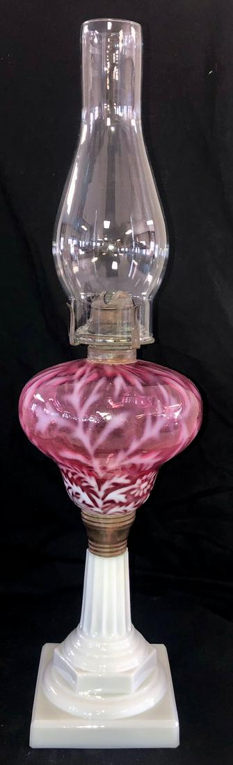LG. CRANBERRY OPALESCENT DAISY & FERN PEDESTAL BASE OIL: LG. CRANBERRY OPALESCENT DAISY & FERN PEDESTAL BASE OIL LAMP WITH OPAQUE WHITE PEDESTAL BASE - WITH CHIMNEY AND BRASS BURNER - 24" HIGH - UNDAMAGED