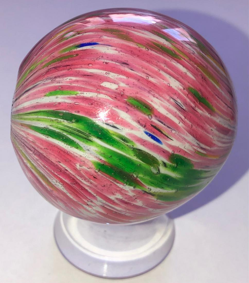 LG 2" ANTIQUE GERMAN "END OF DAY" ONIONSKIN MARBLE: LG 2" (APPROX.) ANTIQUE GERMAN "END OF DAY" MULTI-COLOR ONIONSKIN MARBLE IN PINK, BLUE, RED, GREEN, YELLOW & WHITE - APPROX. 2" IN DIAMETER - POLISHED, OUT OF ROUNDâ€¦MINOR SURFACE WEARâ€¦SEE 