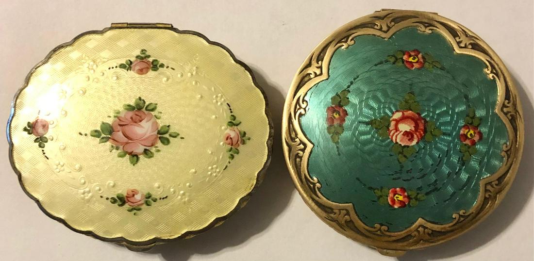 LOT 2 ART NOUVEAU / DECO GUILLOCHE ENAMELED COMPACTS: LOT 2 ELABORATE ART NOUVEAU / ART DECO FLORAL DECORATED GUILLOCHE ENAMELED COMPACTS