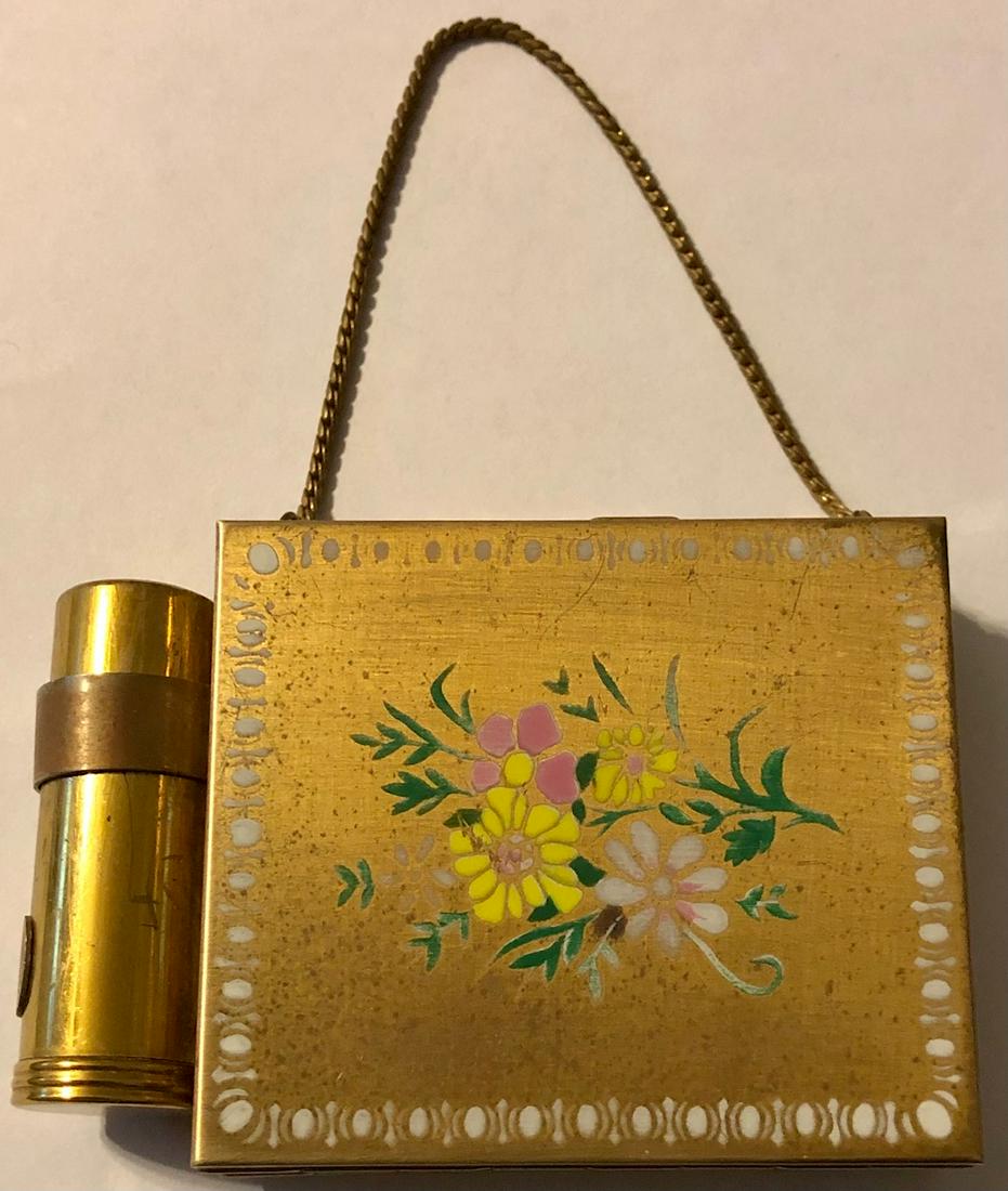 ART DECO COMPACT, LIPSTICK & CIGARETTE CASE: ART DECO COMPACT, LIPSTICK & CIGARETTE CASE - CASE WITH PAINTED FLORAL DECORATION ON TOP AND PAINTED CIGARETTE ON REVERESE