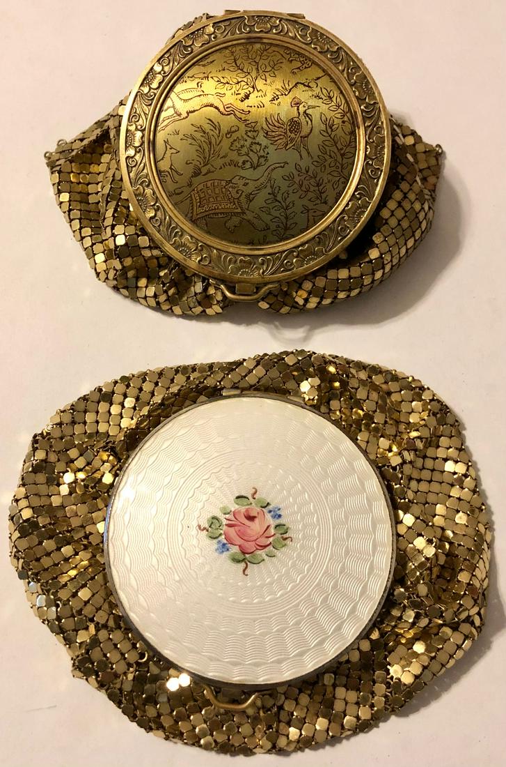 LOT 2 ART DECO COMPACT PURSES - ONE GUILLOCHE ENAMELED: LOT 2 ART DECO COMPACT / GOLD MESH PURSES - ONE WITH FLORAL DECORATED GUILLOCHE ENAMEL TOP AND THE OTHER DECORATED WITH ANIMALS