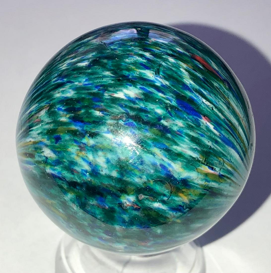 LG 1 11/16" ANTIQUE GERMAN 'END OF DAY' ONIONSKIN: LG 1 11/16" ANTIQUE GERMAN 'END OF DAY' ONIONSKIN MARBLE IN VARIOUS SHADES OF BLUE, GREEN, BLACK, WHITE, YELLOW AND RED - POLISHED AND IN GOOD CONDITION WITH MINOR SURFACE WEARâ€¦SEE PHOTOS