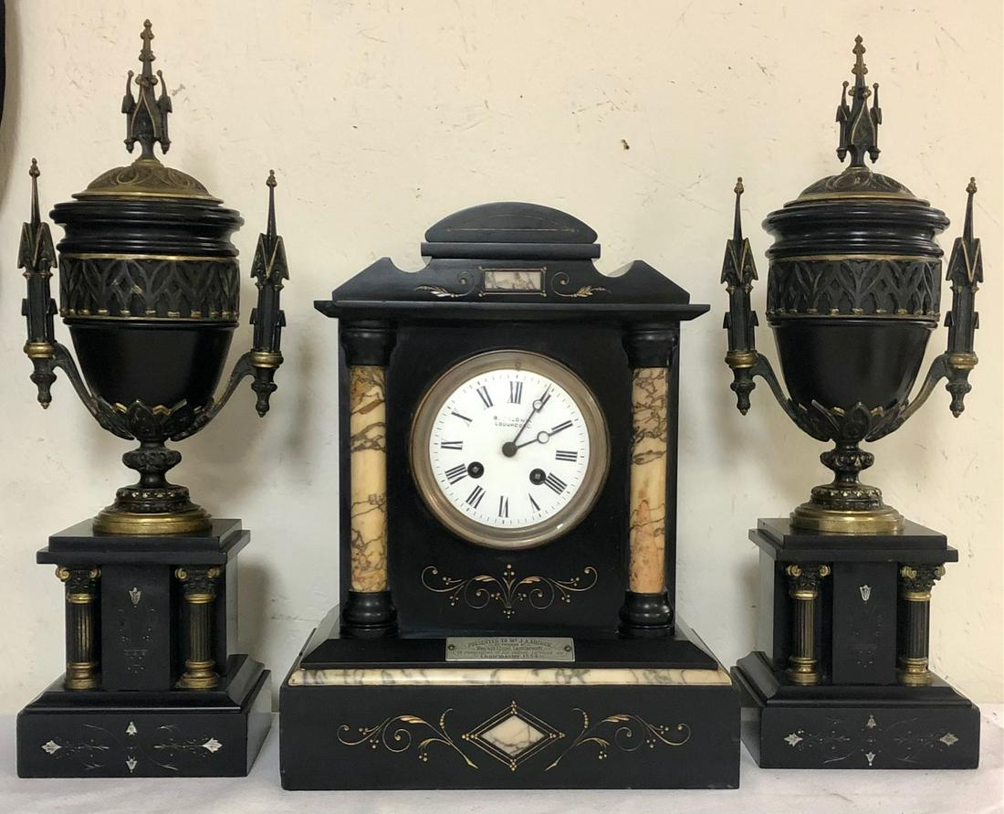 3 PC. RENAISSANCE REVIVAL SLATE & BRONZE CLOCK: 19TH CENTURY 3 PC. RENAISSANCE REVIVAL SLATE & BRONZE CLOCK GARNITURE SET - BRONZE AND MARBLE DETAILS - PRESENTATION PLAQUE ON CLOCK DATED 1884 - CLOCK MARKED ON DIAL "B. BALDWIN LOUGHBORO" - CLOCK ME