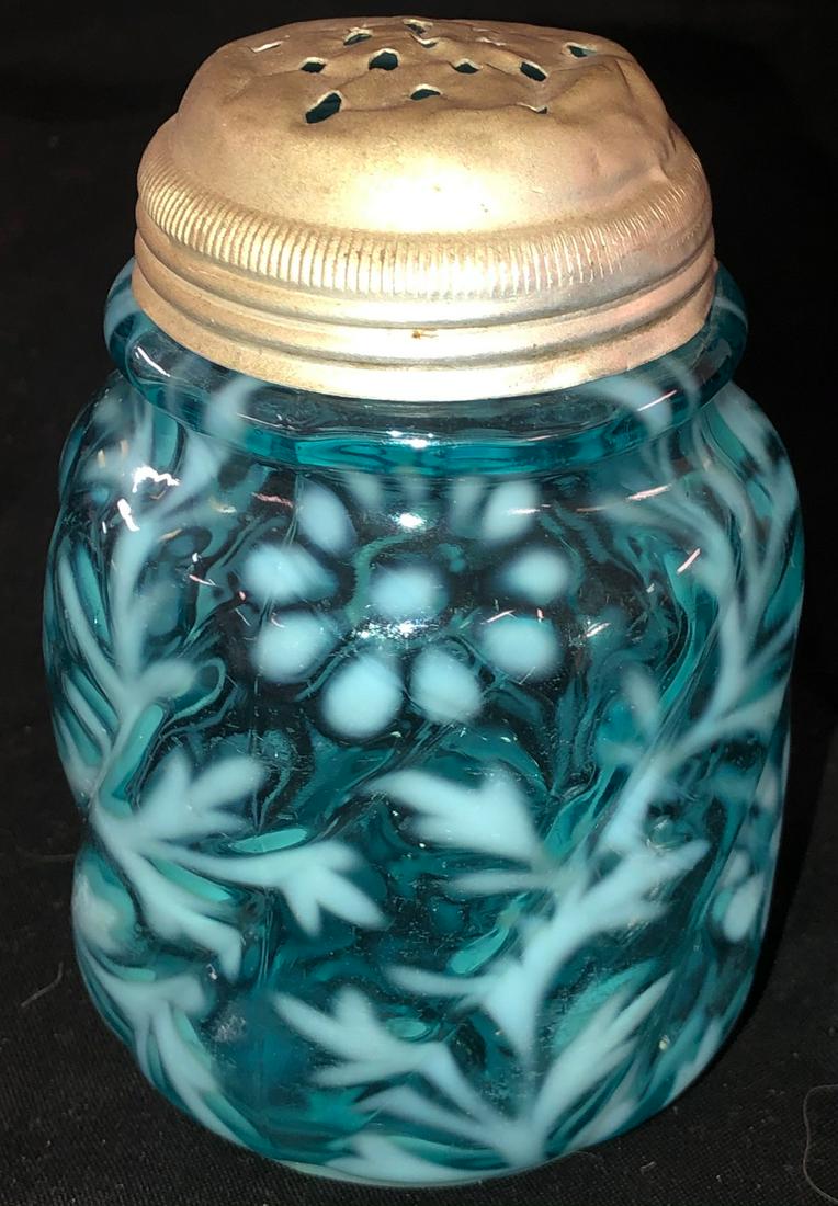 BLUE OPALESCENT DAISY & FERN SUGAR SHAKER: BLUE OPALESCENT DAISY & FERN SUGAR SHAKER WITH LID - 4 1/4" HIGH - RIM ROUGHNESS UNDER LID AS MADE