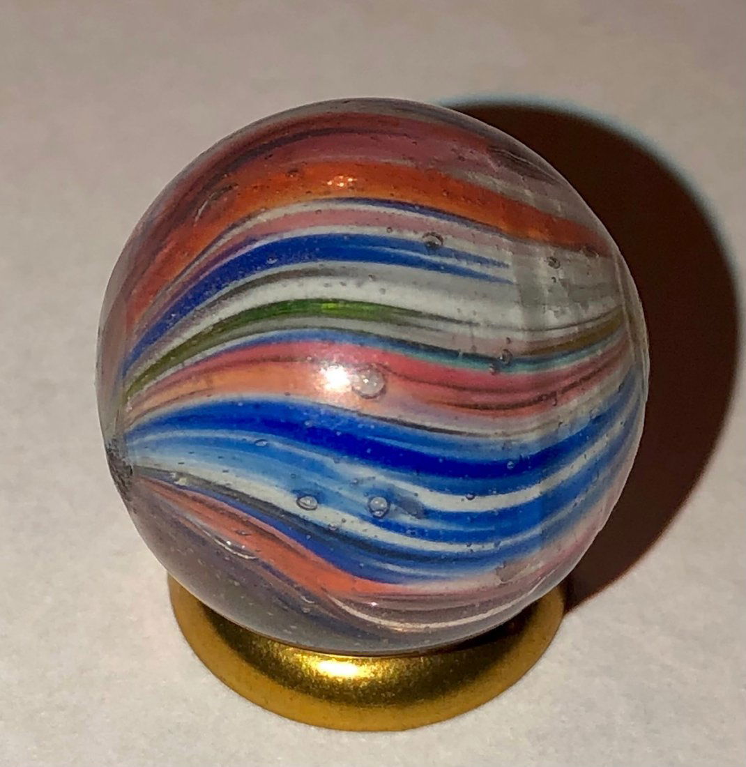 11/16" ANTIQUE GERMAN 4 STAGE ONIONSKIN MARBLE: 11/16" ANTIQUE GERMAN 4 STAGE ONIONSKIN MARBLE IN RED, WHITE & BLUE - APPEARS TO BE UNPOLISHED - VERY GOOD CONDITION WITH EXPECTED MINOR SURFACE WEAR CONSISTENT WITH AGE / USE