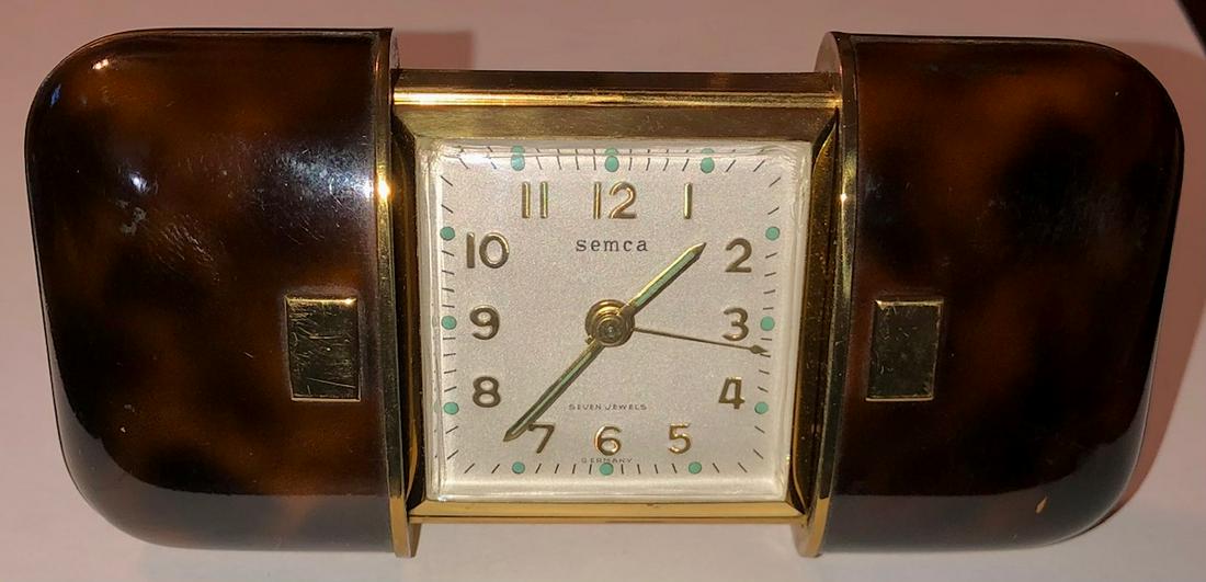 GERMAN SEMCA TRAVELING ALARM CLOCK: GERMAN SEMCA TRAVELING ALARM CLOCK - "SEMCA CLOCK CO. INC. GERMANY" - FAUX TORTOISE SHELL CASE - CLOCK WORKING WHEN TESTED