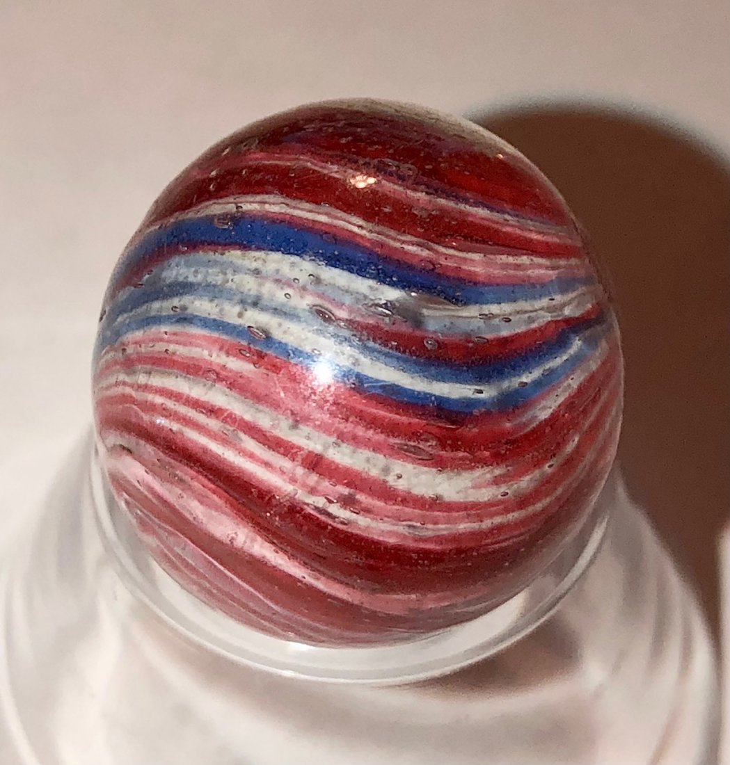11/16" ANTIQUE GERMAN END OF DAY ONIONSKIN MARBLE: 11/16" ANTIQUE GERMAN BLUE, RED, PINK & WHITE END-OF-DAY ONIONSKIN MARBLE - GREAT CONDITION - SEE PHOTOS