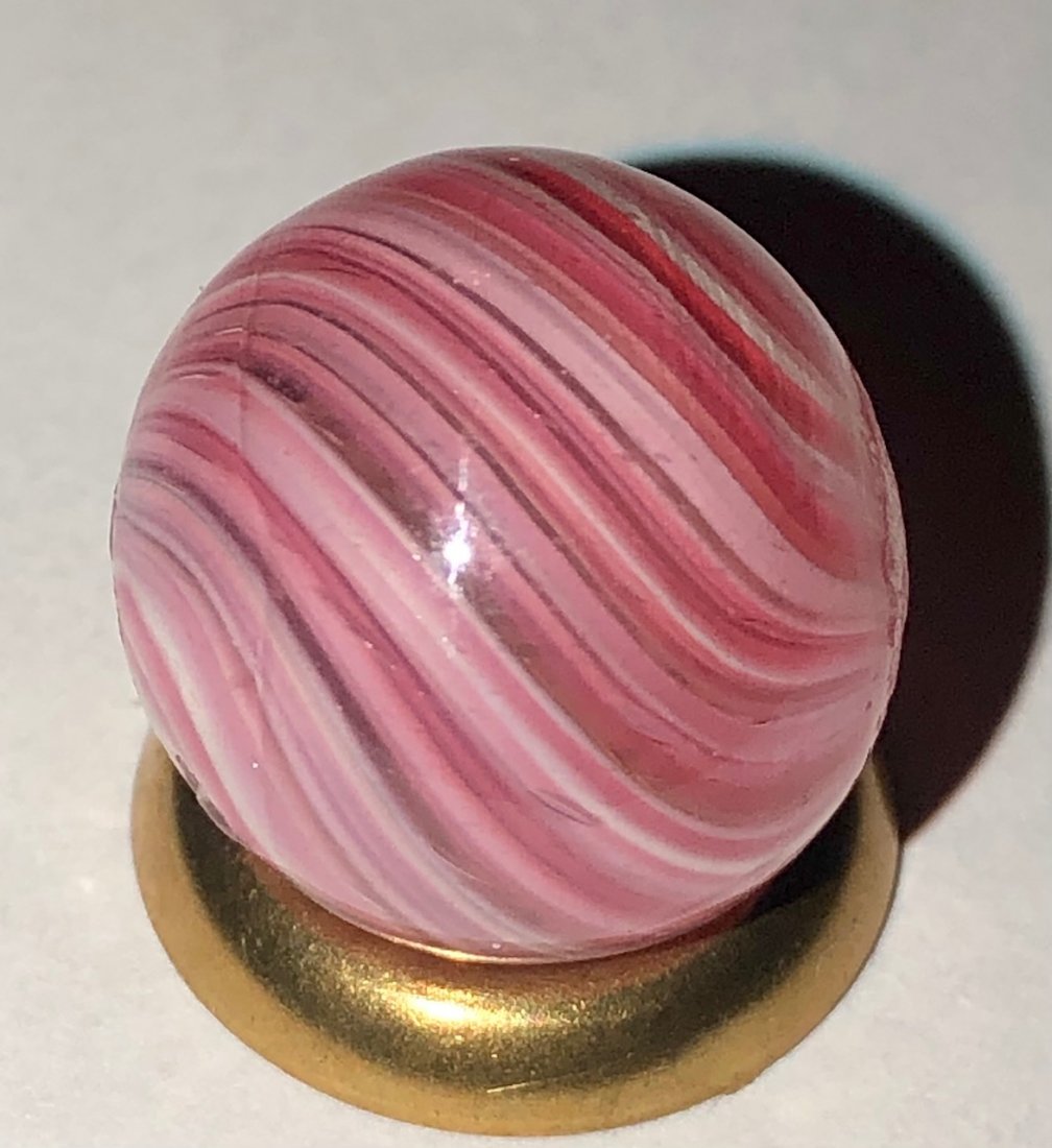 1/2" ANTIQUE GERMAN SWIRL ONIONSKIN MARBLE: 1/2" ANTIQUE GERMAN SWIRL ONIONSKIN MARBLE IN RED, PINK & WHITE BANDS - BEAUTIFUL CONDITION WITH MINOR SURFACE WEARâ€¦SEE PHOTOS