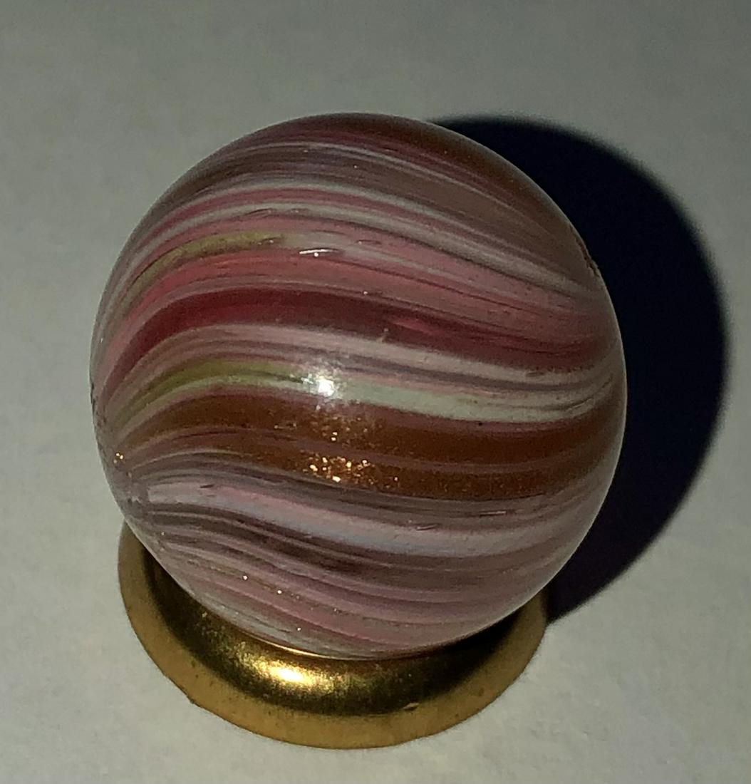 5/8" ANTIQUE GERMAN END OF DAY BANDED LUTZ SWIRL MARBLE: BEAUTIFUL 5/8" ANTIQUE GERMAN END-OF-DAY BANDED LUTZ SWIRL MARBLE IN PINK, WHITE, RED & GOLD LUTZ SWIRL BANDING - EXCEPTIONAL CONDITION!