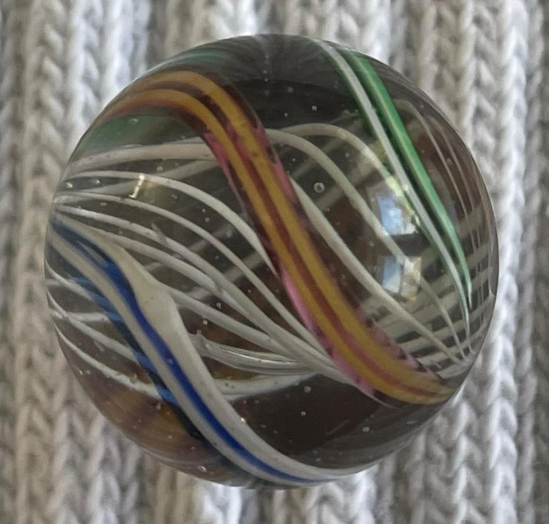 ANTIQUE GERMAN SWIRL MARBLE: 21/32" WHITE LATTICINIO CORE WITH GREEN, YELLOW, WHITE, BLUE, PINK & GREEN OUTER SWIRLS - EXCELLENT CONDITION!