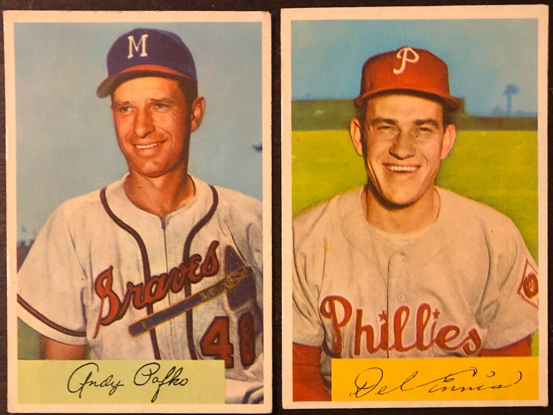 LOT 2 1954 BOWMAN BASEBALL CARDS: LOT 2 1954 BOWMAN BASEBALL CARDS - DEL ENNIS, ANDY PAFKO HAS TINY 'DING' IN TOP RIGHT CORNER