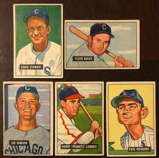 LOT 5 BOWMAN 1951 BASEBALL CARDS: LOT 5 BOWMAN 1951 BASEBALL CARDS - ED STEWART, PAUL RICHARDS, FLOYD BAKER, JOE DOBSON, PEANUTS LOWERY - EX PLUS AND BETTER