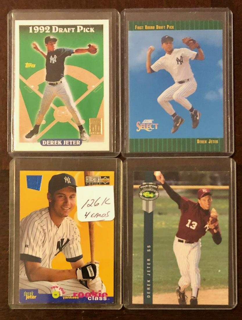 LOT 4 DEREK JETER ROOKIE BASEBALL CARDS: LOT 4 DEREK JETER ROOKIE BASEBALL CARDS - TOPPS 1992 DRAFT PICK #98, "CLASSIC" #231, UPPER DECK #2, SCORE #360