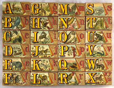 19TH C. "BLISS" WOODEN LITHO ABC BLOCKS IN ORIGINAL BOX: 19TH C. "BLISS" COMPLETE (24 BLOCKS) WOOD AND PAPER LITHO "FAIRIES ALPHABET" ABC BLOCKS SET IN ORIGINAL BOX - "COPYRIGHTED BY R. BLISS MFG. CO. 1887" - BLOCKS ARE IN BEAUTIFUL ORIGINBAL CONDITION! BLO