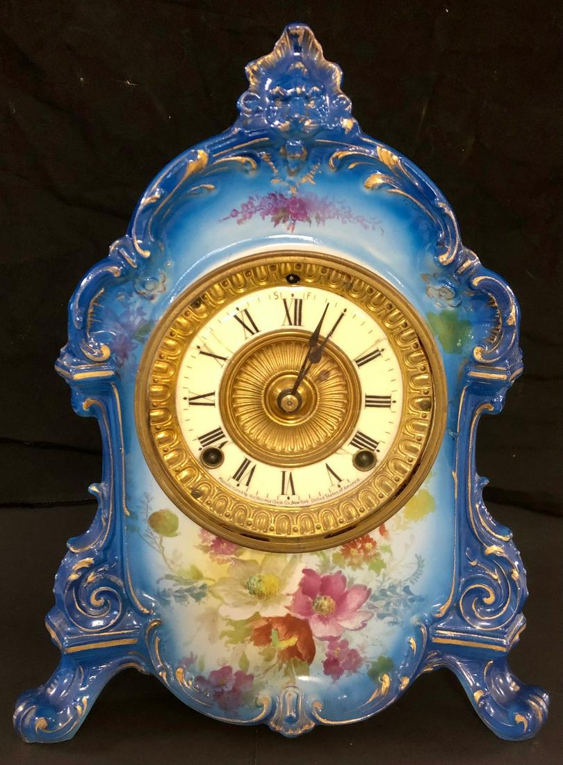 ROYAL BONN PORCELAIN SHELF CLOCK: FULL SIZE VICTORIAN ROYAL BONN PORCELAIN SHELF CLOCK - MARKED ON BACK "ROYAL BONN GERMANY" - ANSONIA BRASS WORKS - IMPRESSED ON BACK "LA RAMBLA" (DESIGN / PATTERN) - 12 1/4" HIGH X 10" WIDE X 4 3/4" D