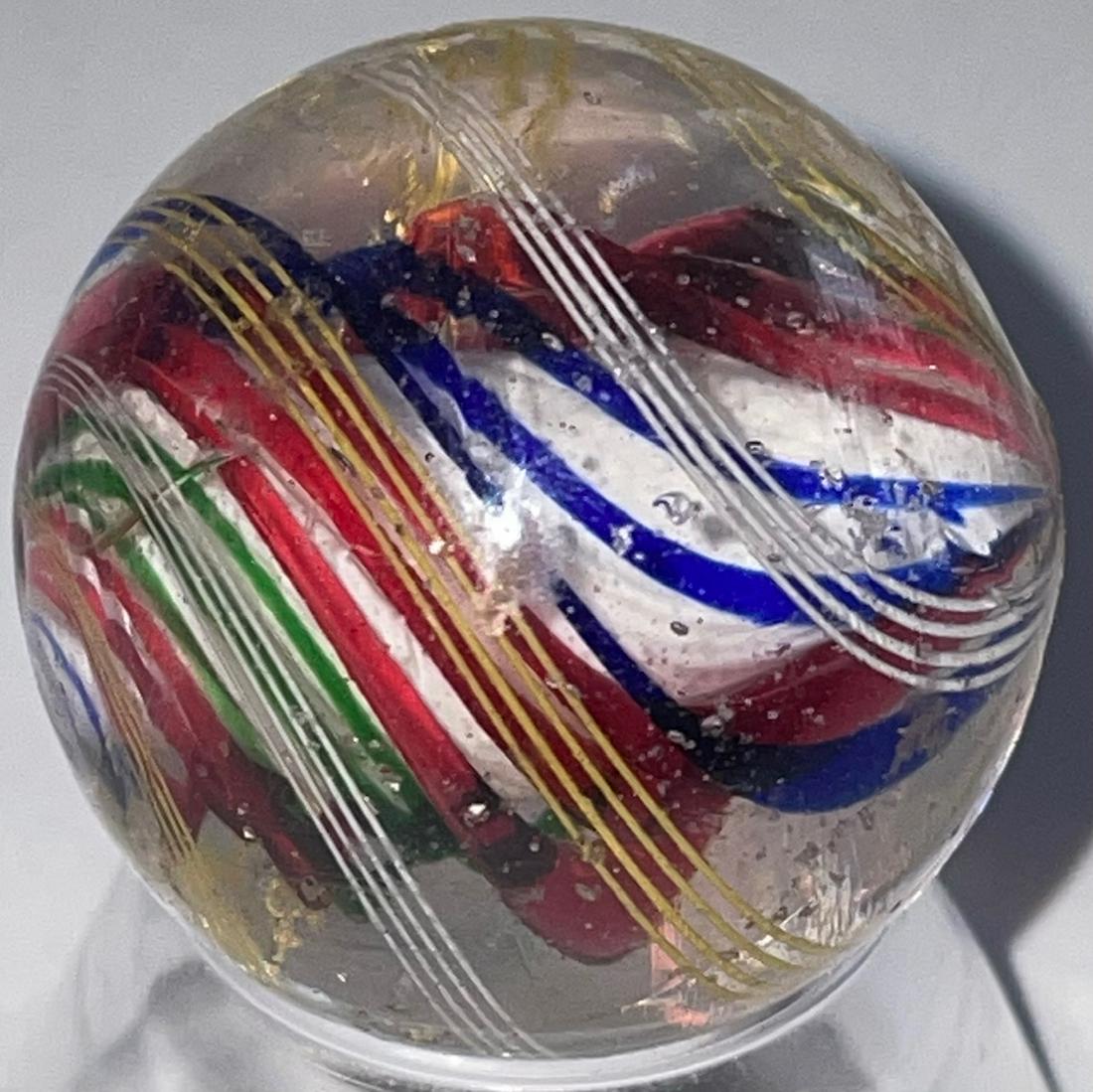 ANTIQUE GERMAN 3 STAGE SWIRL MARBLE: ANTIQUE GERMAN 3 STAGE SWIRL MARBLE WITH A SOLID WHITE CORE SURROUNDED BY BLUE, RED & GREEN SWIRLS AND WHITE & YELLOW OUTER LATTICINIO SWIRLS - 31/32" - SURFACE WEAR