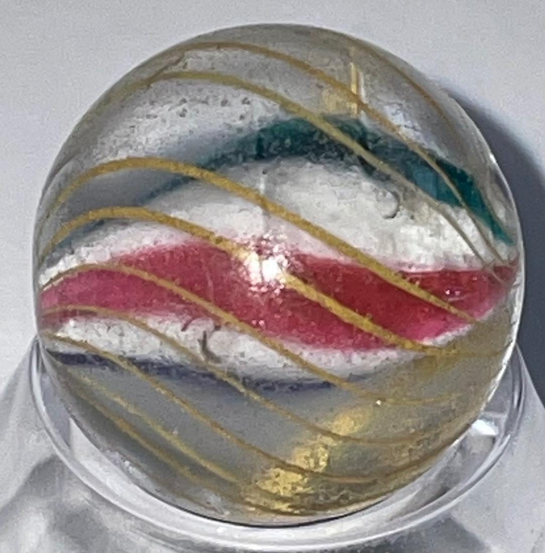 ANTIQUE GERMAN SOLID CORE SWIRL MARBLE: ANTIQUE GERMAN 4 COLOR (RED, WHITE, BLUE & GREEN) SOLID CORE SWIRL MARBLE WITH OUTER YELLOW LATTICINIO SWIRLS - 11/16" - VERY GOOD CONDITION WITH MINOR SURFACE WEAR