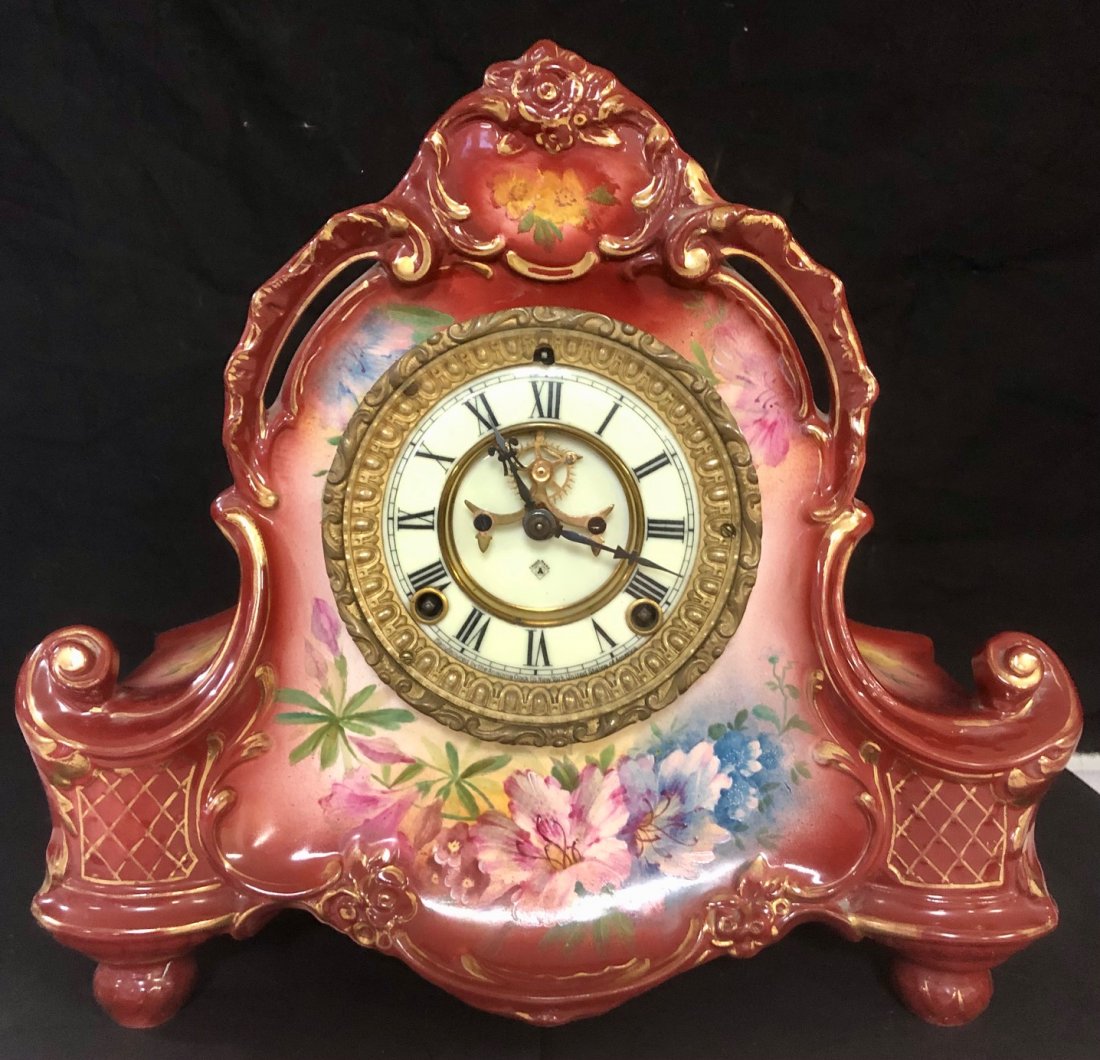 ROYAL BONN PORCELAIN SHELF CLOCK: FULL SIZE VICTORIAN ROYAL BONN PORCELAIN SHELF CLOCK WITH PORCELAIN DIAL AND OPEN ESCAPEMENT - MARKED ON BACK "ROYAL BONN GERMANY" - ANSONIA BRASS WORKS DATED JUNE 14, 1881 - 12 1/4" HIGH X 13" WIDE X
