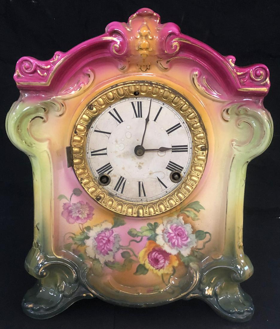 ROYAL BONN PORCELAIN SHELF CLOCK: FULL SIZE VICTORIAN ROYAL BONN PORCELAIN SHELF CLOCK - RED MARK ON BACK "ROYAL BONN GERMANY" - IMPRESSED MARK "LA JADAN" ? (DESIGN / PATTERN NAME) BRASS WORKS - 11 1/8" HIGH X 9 1/4" WIDE X 5 1/8" DEE