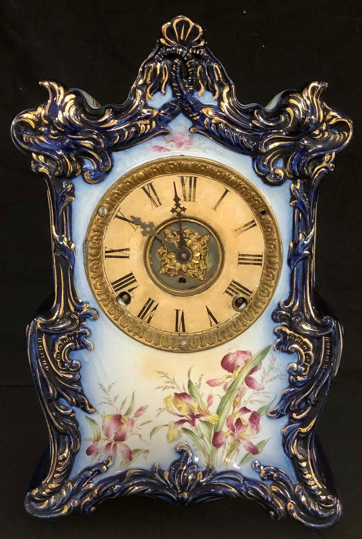 ROYAL BONN PORCELAIN SHELF CLOCK: LARGE VICTORIAN 'ROYAL BONN' (ATTRIBUTED TO ROYAL BONN) PORCELAIN SHELF CLOCK - UNMARKED - BRASS WORKS - 13 1/2" HIGH X 9" WIDE X 5 1/4" DEEP - PORCELAIN CASE UNDAMAGED - NOT WORKING