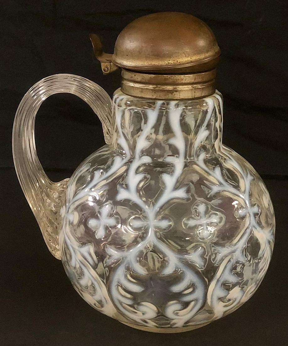 SPANISH LACE / OPALINE BROCADE OPALESCENT SYRUP PITCHER: WHITE / CLEAR "SPANISH LACE / OPALINE BROCADE" OPALESCENT SYRUP PITCHER WITH APPLIED CLEAR REEDED HANDLE - PERIOD TOP - MINOR ROUGHNESS TO TOP OF HANDLE