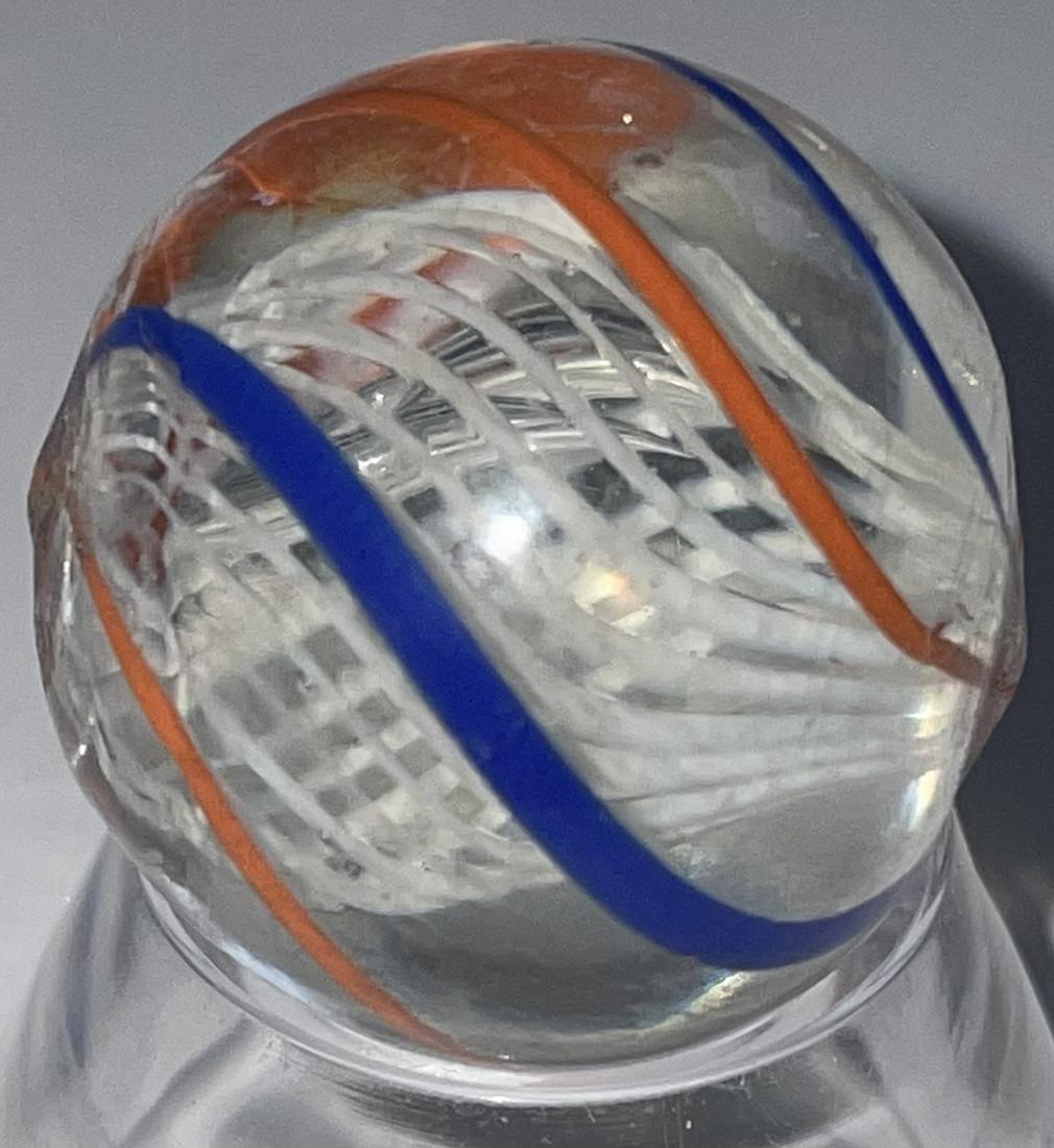 ANTIQUE GERMAN SWIRL LATTICINIO CORE MARBLE: ANTIQUE GERMAN SWIRL WHITE LATTICINIO CORE MARBLE WITH BLUE & ORANGE OUTER SWIRLS - VERY GOOD CONDITION WITH MINOR SURFACE WEAR - 13/16"