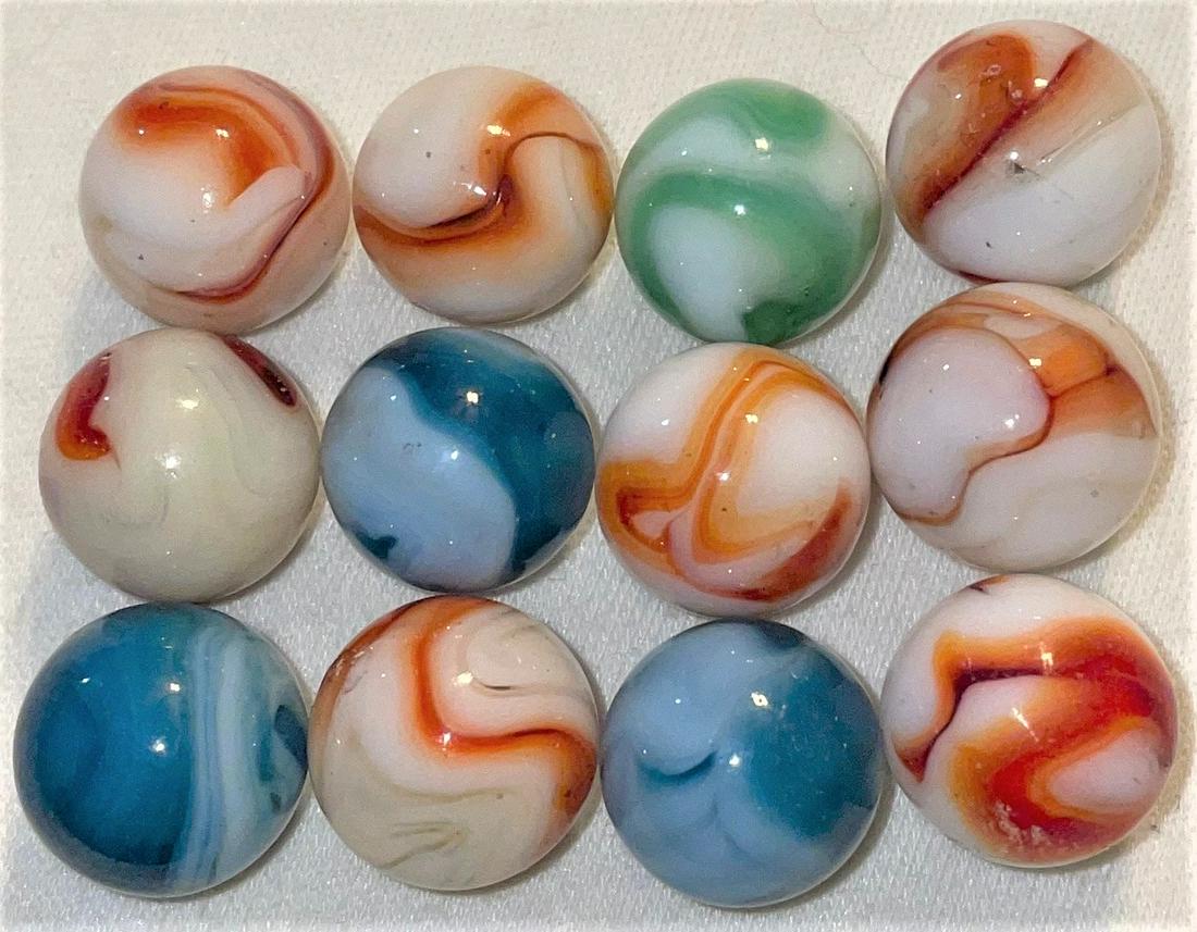 LOT 12 VINTAGE / ANTIQUE GLASS MARBLES: LOT 12 VINTAGE / ANTIQUE GLASS MARBLES - VARIOUS COLORS AND TYPES - AVENTURINE, AKRO AGATE, SLAG, ALLEY AGATE, CHRISTENSEN, PELTIER, ETC. - 1/2" - 17/32"