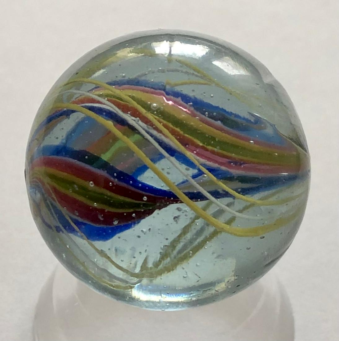 ANTIQUE GERMAN SWIRL RIBBON CORE MARBLE: ANTIQUE GERMAN SWIRL MULTI-COLOR (BLUE, GREEN, YELLOW, WHITE, RED) RIBBON CORE MARBLE WITH YELLOW & WHITE OUTER LATTICINIO TYPE SWIRLS - VERY GOOD CONDITION - 1 1/8"