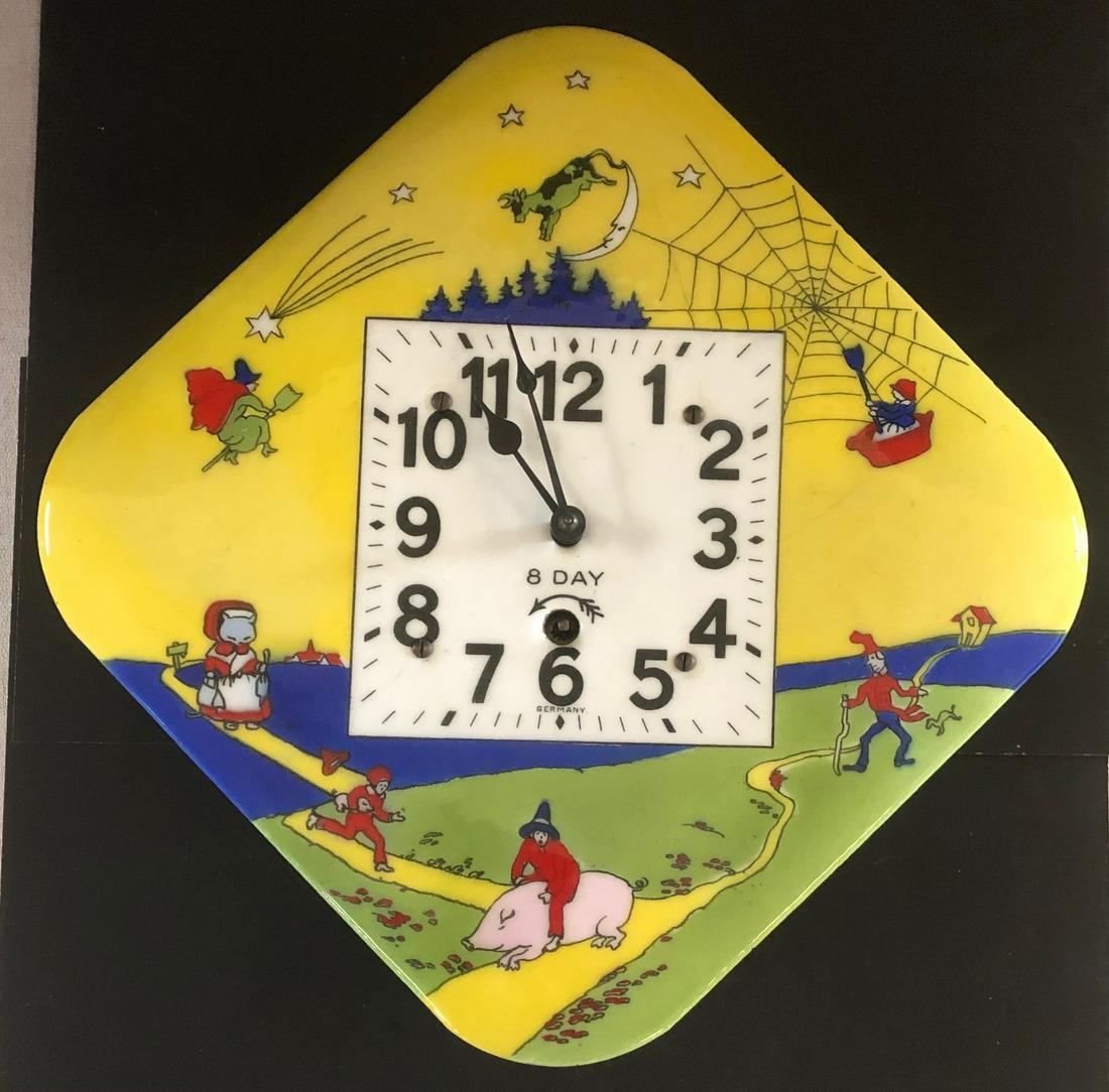 ART DECO ENAMEL NURSERY RHYME WALL CLOCK: RARE ART DECO ENAMEL FACE NURSERY RHYME WALL CLOCK WITH PENDULUM AND KEY - GERMAN 8 DAY - 12" X 12" X 2 1/4" DEEP - WORKING WHEN TESTED