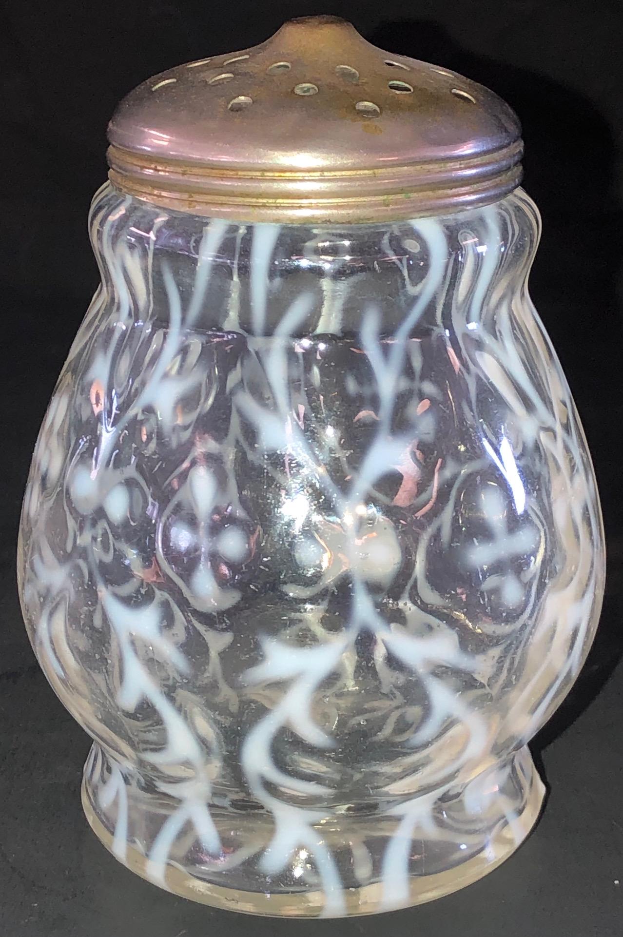 WHITE OPALESCENT SPANISH LACE / OPALINE BROCADE SUGAR: WHITE / CLEAR OPALESCENT SPANISH LACE / OPALINE BROCADE SUGAR SHAKER WITH PERIOD LID - 4 1/2" HIGH - UNDAMAGED