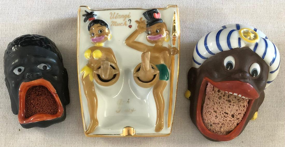 LOT 2 BLACK MEMORABILIA CERAMIC STAMP MOISTENERS &: LOT 2 BLACK MEMORABILIA CERAMIC STAMP MOISTENERS & DOUBLE FIGURE NODDER ASHTRAY WITH NODDER LEGS - NODDER 4" X 5 1/8" X 3" HIGH, STAMP MOISTENERS MEASURE 4 1/2" X 3 1/4" X 2 1/4" HIGH AND 3 5/8" X 2 1