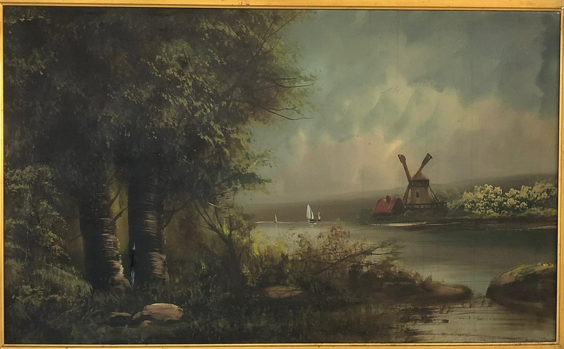 19TH C. OIL ON CANVAS LANDSCAPE PAINTING: 19TH C. OIL ON CANVAS LANDSCAPE PAINTING IN PERIOD GILT FRAME - WINDMILL, LAKE WITH SAIL BOATS, ETC. - FRAME 45 1/4" WIDE X 31 1/4" HIGH, SIGHT 35 1/4" WIDE X 21 1/2" HIGH - FRAME WITH LOSSES - TEAR I