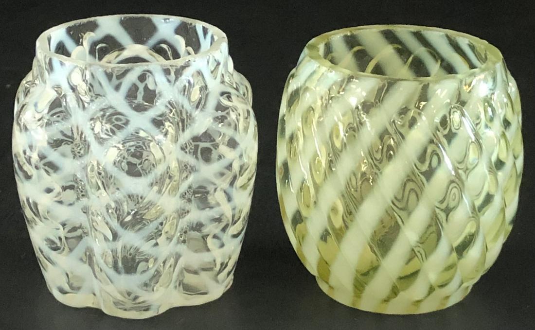 LOT 2 OPALESCENT TOOTHPICK HOLDERS: VASELINE "RIBBED REVERSE SWIRL" WITH RIM CHIP (SEE PHOTOS) 2 1/16" HIGH, WHITE / CLEAR RIBBED "LATTICE" WITH EMBOSSED FLOWER PATTERN ON EVERY OTHER 'PANEL' - 2 1/8" HIGH - UNDAMAGED