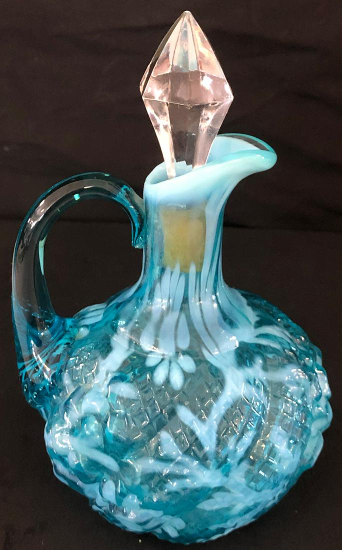 BLUE DAISY & FERN APPLE BLOSSOM OPALESCENT CRUET: BLUE "DAISY & FERN" APPLE BLOSSOM MOLD OPALESCENT CRUET WITH CLEAR GLASS STOPPER - APPLIED BLUE HANDLE - 6 1/2" HIGH - UNDAMAGED
