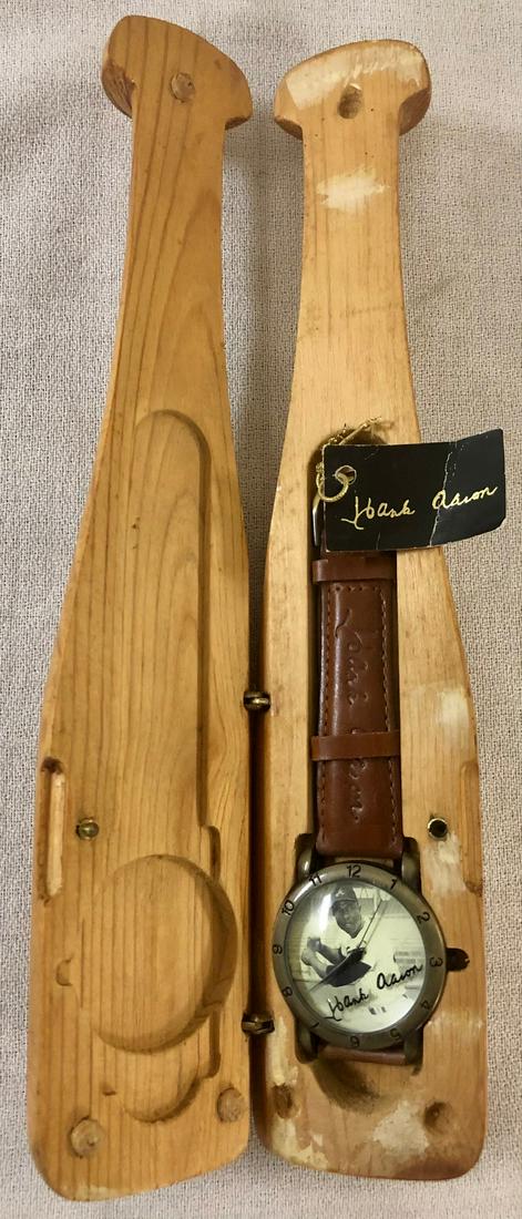 HANK AARON COLLECTOR'S WATCH IN BASEBALL BAT BOX: VINTAGE HANK AARON COLLECTOR'S WATCH IN WOODEN BASEBALL BAT 'BOX' - NEW IN BOX - UNTESTED AS TO WORKING