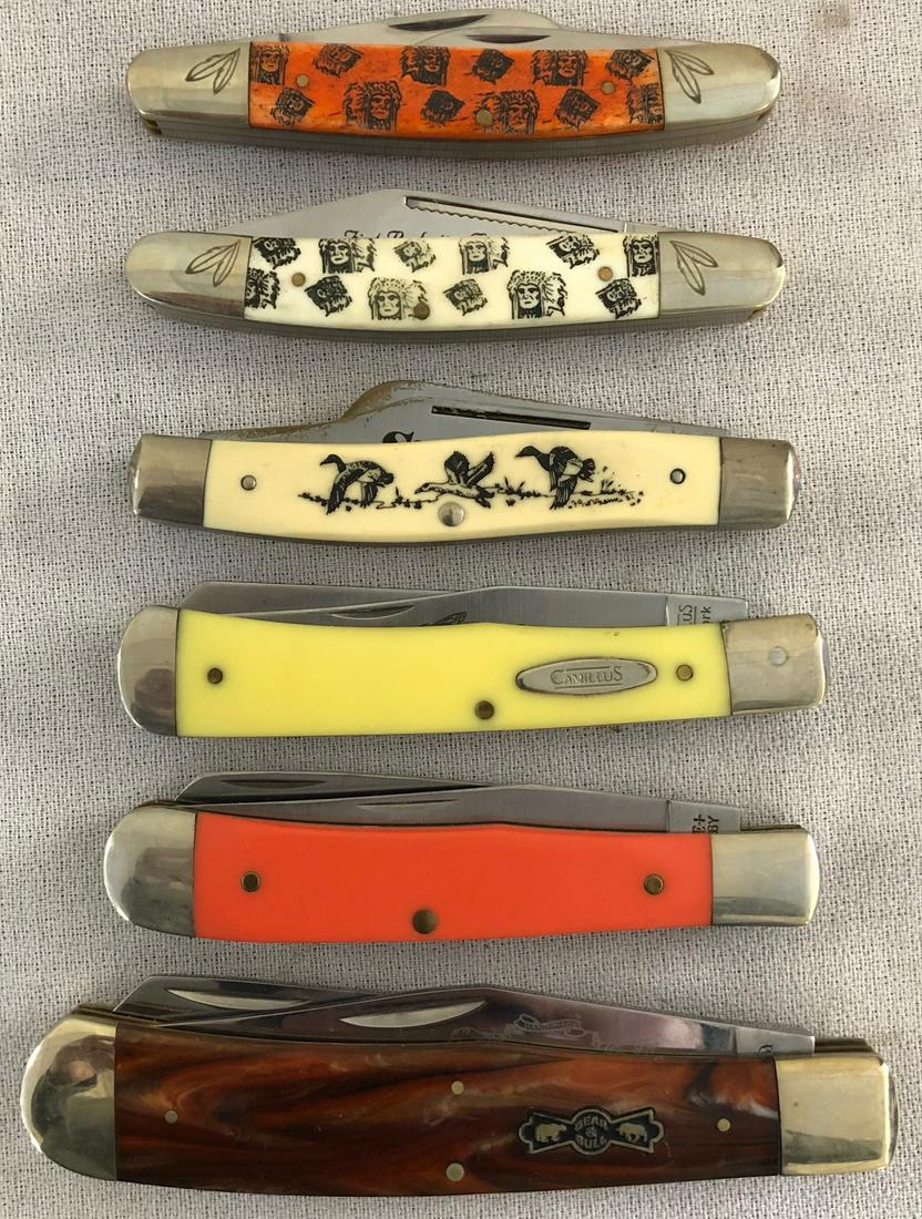 LOT 6 VINTAGE FOLDING POCKET KNIVES: LOT 6 VINTAGE FOLDING POCKET KNIVES - CAMILLUS 2 BLADE "YELLO-JAKET" N.Y. U.S.A. MODEL #717, WHITE 3 BLADE "CHIPAWAY CUTLERY" FIRST PRODUCTION RUN 1 OF 500 MODEL #440, ORANGE 3 BLADE "CHIPAWAY CUTLERY