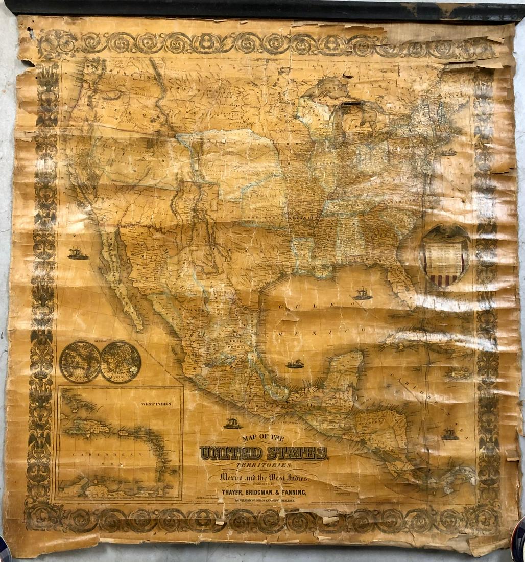 1853 MAP OF THE UNITED STATES WITH ITS TERRITORIES: 1853 MAP OF THE UNITED STATES WITH ITS TERRITORIES ALSO MEXICO AND THE WEST INDIES PUBLISHED BY THAYER, BRIDGMAN & FANNING NEW YORK 1853 - 37" HIGH X 35" WIDE - SHOWS WEAR - SEE PHOTOS