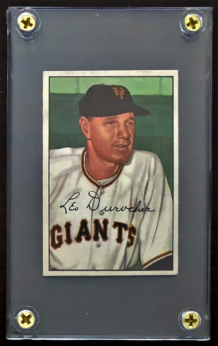 1952 BOWMAN HOF LEO DUROCHER BASEBALL CARD: 1952 BOWMAN HALL OF FAMER LEO DUROCHER BASEBALL CARD - CLEAN BACK - EX MINT TO NEAR MINT