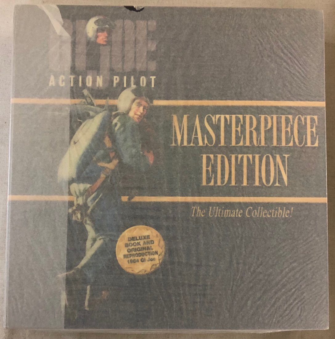 GI JOE ACTION PILOT MASTERPIECE EDITION: GI JOE ACTION PILOT MASTERPIECE EDITION - DELUXE BOOK AND ORIGINAL REPRODUCTION OF 1964 GI JOE - MINT IN BOX AND STILL IN FACTORY PLASTIC WRAP - 13 1/4" X 13 1/2"