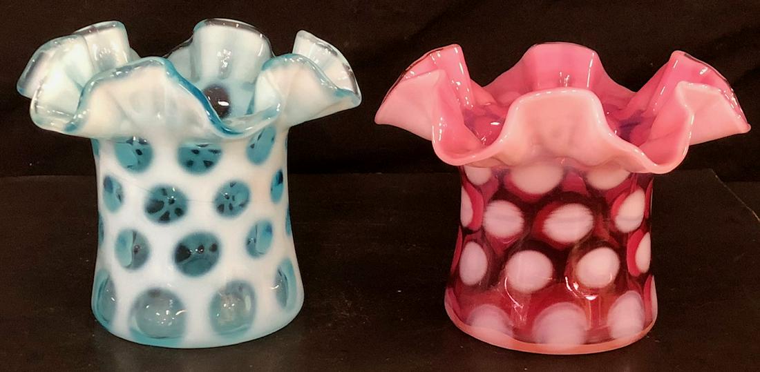 LOT 2 OPALESCENT COIN SPOT / DOT "TOP HAT" VASES: LOT 2 OPALESCENT COIN SPOT / DOT "TOP HAT" VASES - ONE CRANBERRY AND ONE BLUE - BOTH WITH RUFFLED TOPS - BLUE 3 1/2" HIGH & 4 1/4" DIAMETER; CRANBERRY 3 1/4' HIGH & 4 3/8" DIAMETER - BOTH IN EXCELLENT