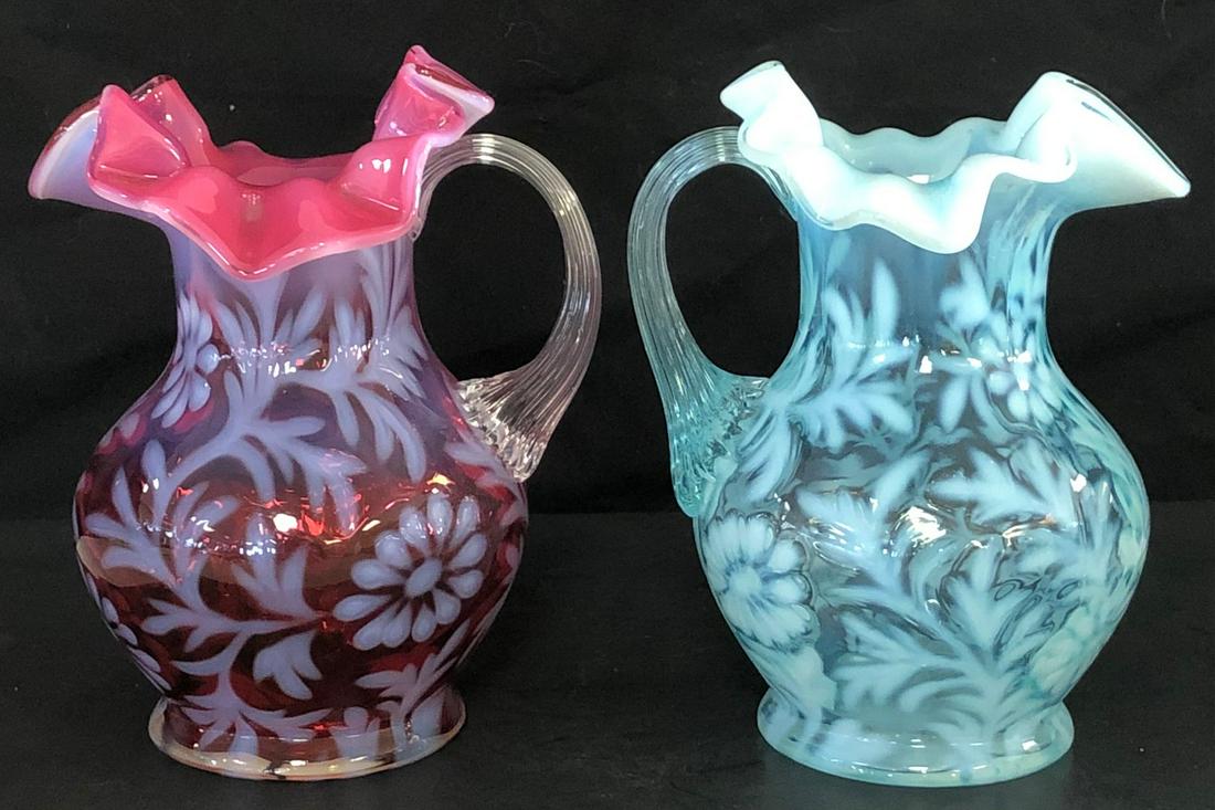LOT 2 OPALESCENT: LOT 2 CRANBERRY & BLUE OPALESCENT DAISY & FERN CREAMERS / PITCHERS WITH APPLIED REEDED HANDLES - BOTH IN EXCELLENT CONDITION WITH NO CHIPS, CRACKS & REPAIRS - 5 1/2" HIGH, 4 1/4" WIDE