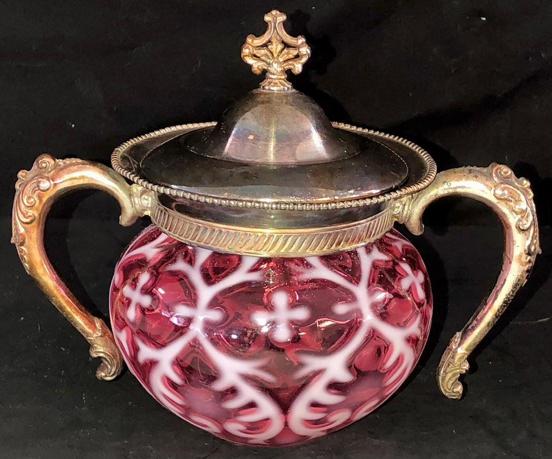 CRANBERRY OPALESCENT SPANISH LACE / OPALINE BROCADE: CRANBERRY OPALESCENT SPANISH LACE / OPALINE BROCADE SUGAR BOWL WITH SILVERPLATE LID, RIM AND HANDLES - EXCELLENT CONDITION WITH NO CHIPS, CRACKS OR REPAIRS TO THE GLASS, SILVERPLATE TARNISHED & WORN (