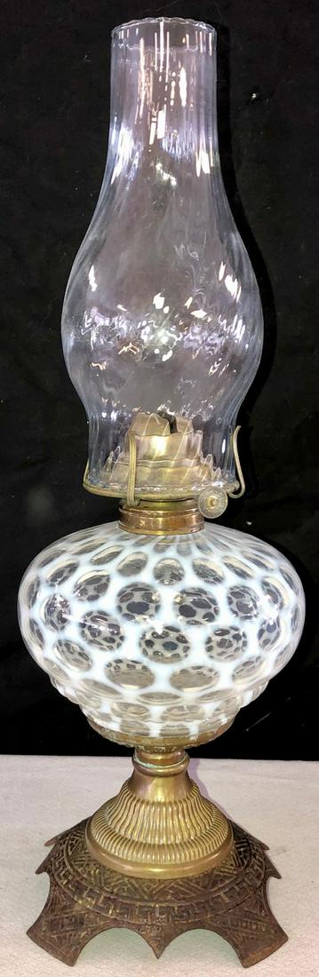 WHITE OPALESCENT 'WINDOWS' PEDESTAL BASE OIL LAMP (1 of 7)