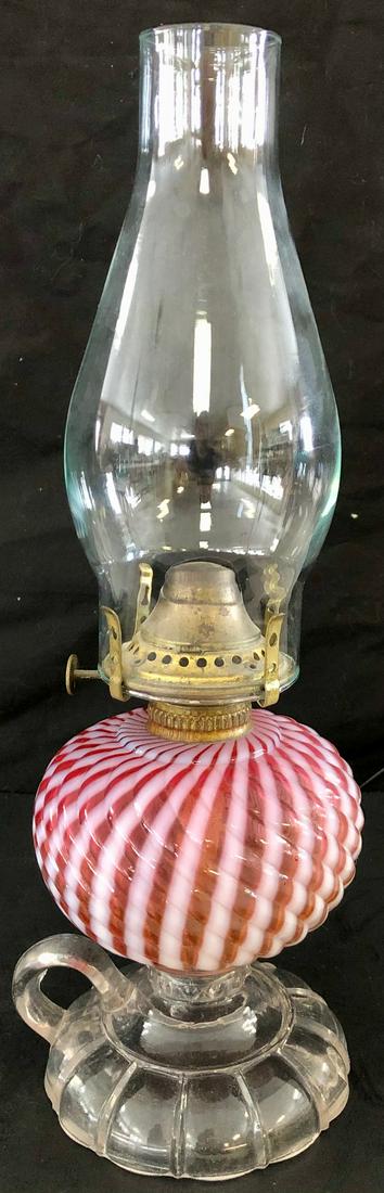 CRANBERRY OPALESCENT 'RIBBED REVERESE SWIRL' OIL LAMP (1 of 10)