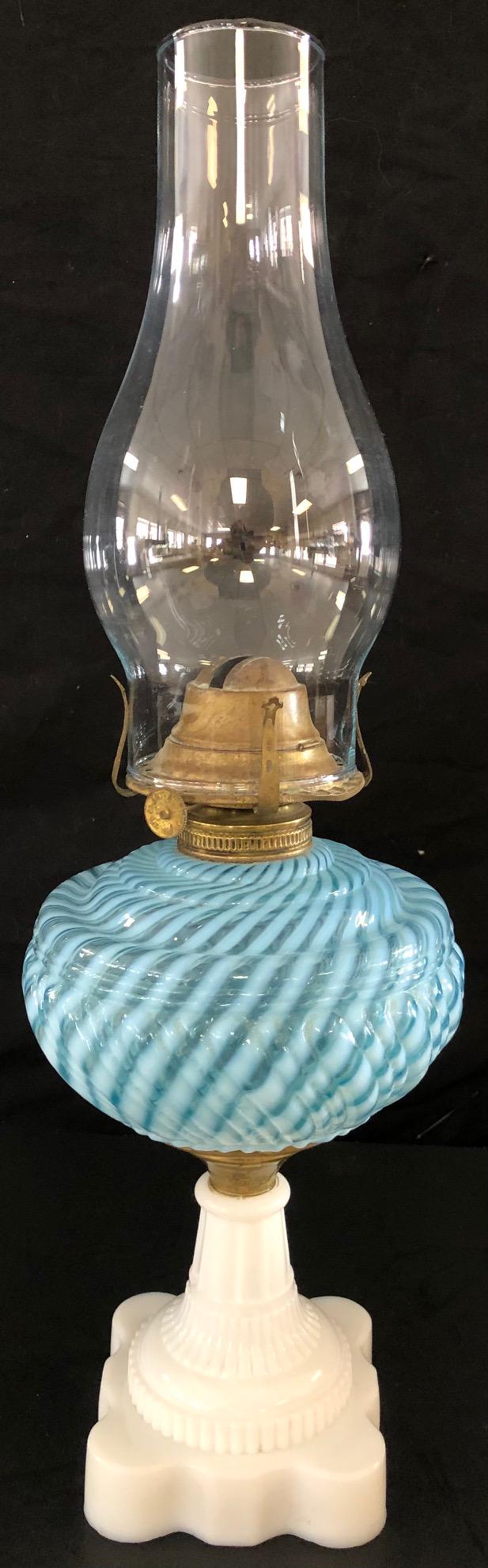 BLUE OPALESCENT DOUBLE RIBBED 'REVERSEW SWIRL' OIL LAMP (1 of 7)