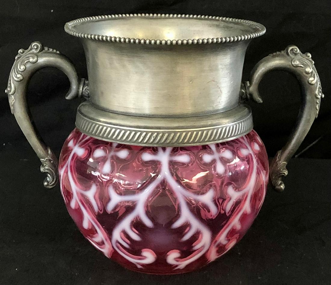 CRANBERRY OPALESCENT 'SPANISH LACE / OPALINE BROCADE': CRANBERRY OPALESCENT 'SPANISH LACE / OPALINE BROCADE' SPOONER WITH SILVERPLATE TOP AND HANDLES - UNDAMAGED - 6 1/2" WIDE, 5" HIGH, 4" DIAMETER TOP